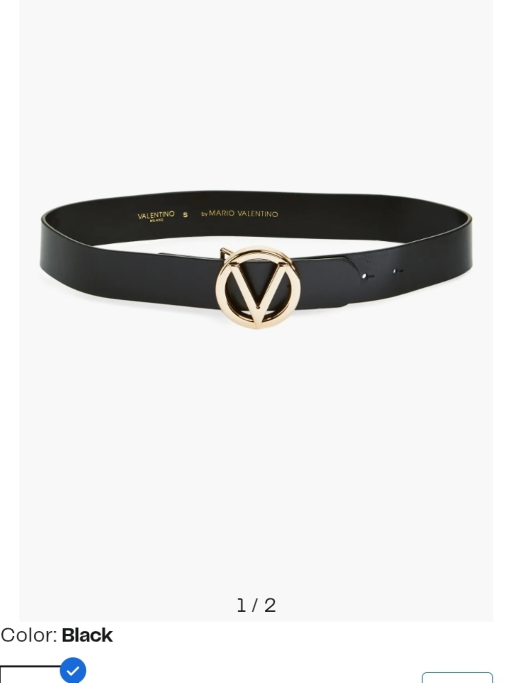 Valentino Black Leather Belt with Gold V Circle Buckle